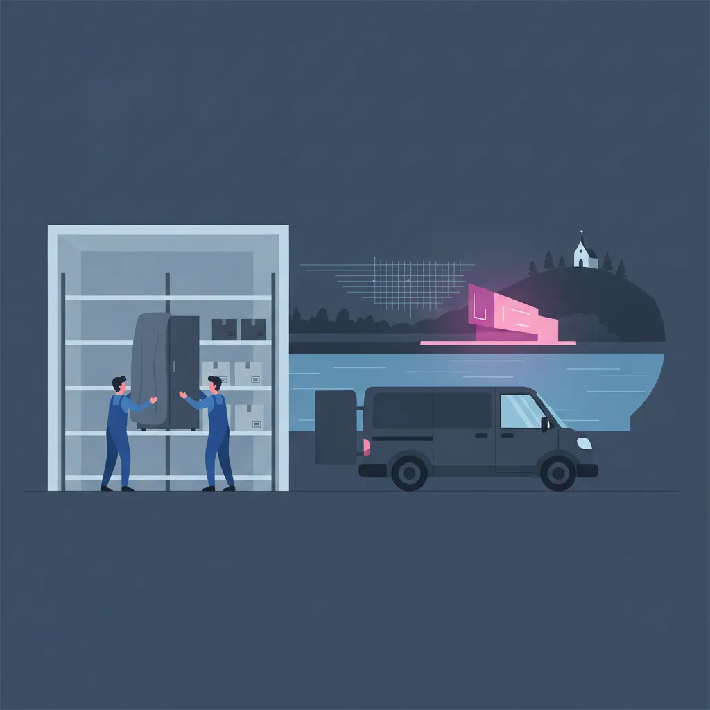 Flat-Design-Illustration: zwei Umzugshelfer schieben in Decken gehüllte Möbel und etikettierte Kartons in eine aufgeräumte Lagerbox; seitlich steht ein fensterloser Kastenwagen ohne Markenzeichen; im Hintergrund die Donau mit modernen Uferbauten und der Pöstlingberg - Einlagerung in Linz
