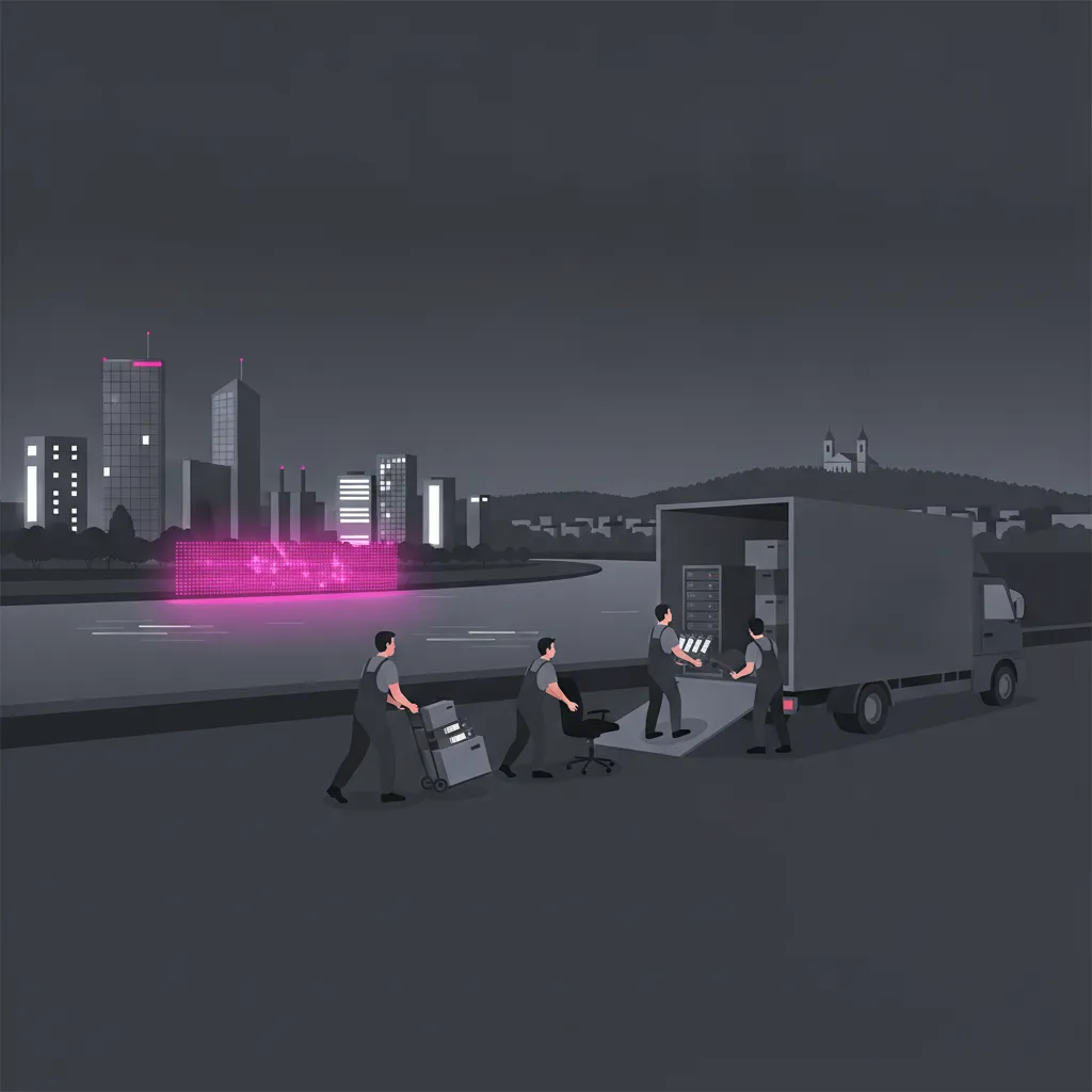 Flache Illustration: Mitarbeitende eines Umzugsteams rollen Container voller Aktenordner samt Bürostühlen und stoßsicher verpackter Technik aus einem Linzer Bürohaus und verladen sie in einen rundum verschlossenen Möbelkoffer; dahinter zeichnen sich die Donau mit gläsernen Uferbauten und der Pöstlingberg ab - Firmenumzug Linz