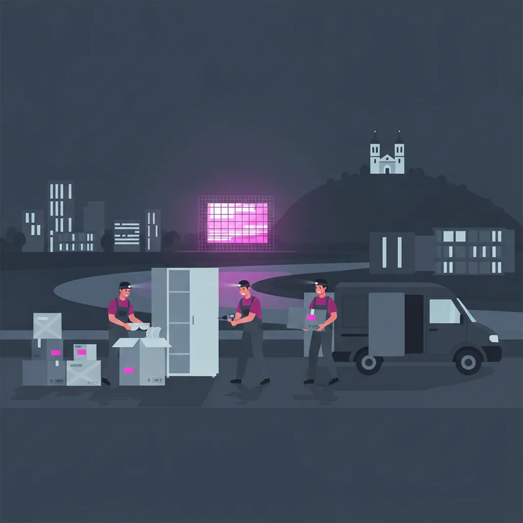 Flat-Design-Illustration: ein eingespieltes Team füllt Kartons, zerlegt einen Schrank und trägt Möbel aus einer Linzer Gründerzeitwohnung zu einem geschlossenen Kastenwagen ohne Emblem; dahinter die Donau mit modernen Uferbauten und der Pöstlingberg - Full-Service-Umzug in Linz
