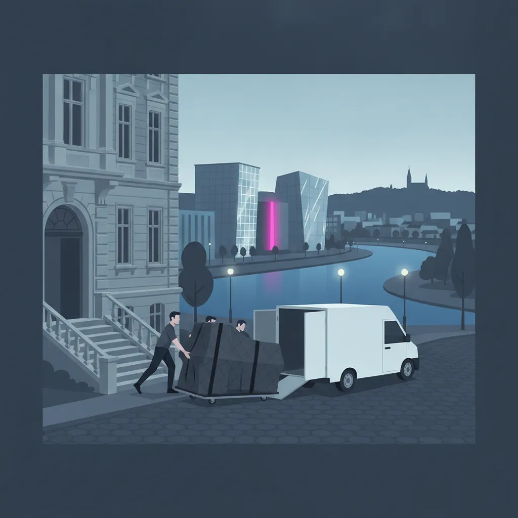 Flat-Design-Illustration: zwei Spezialträger bewegen ein gepolstertes Klavier auf einem Klavierroller aus einem Linzer Gründerzeithaus zu einem geschlossenen Kastenwagen, im Hintergrund die Donau mit modernen Uferbauten und die Pöstlingberg-Silhouette - Klaviertransport in Linz