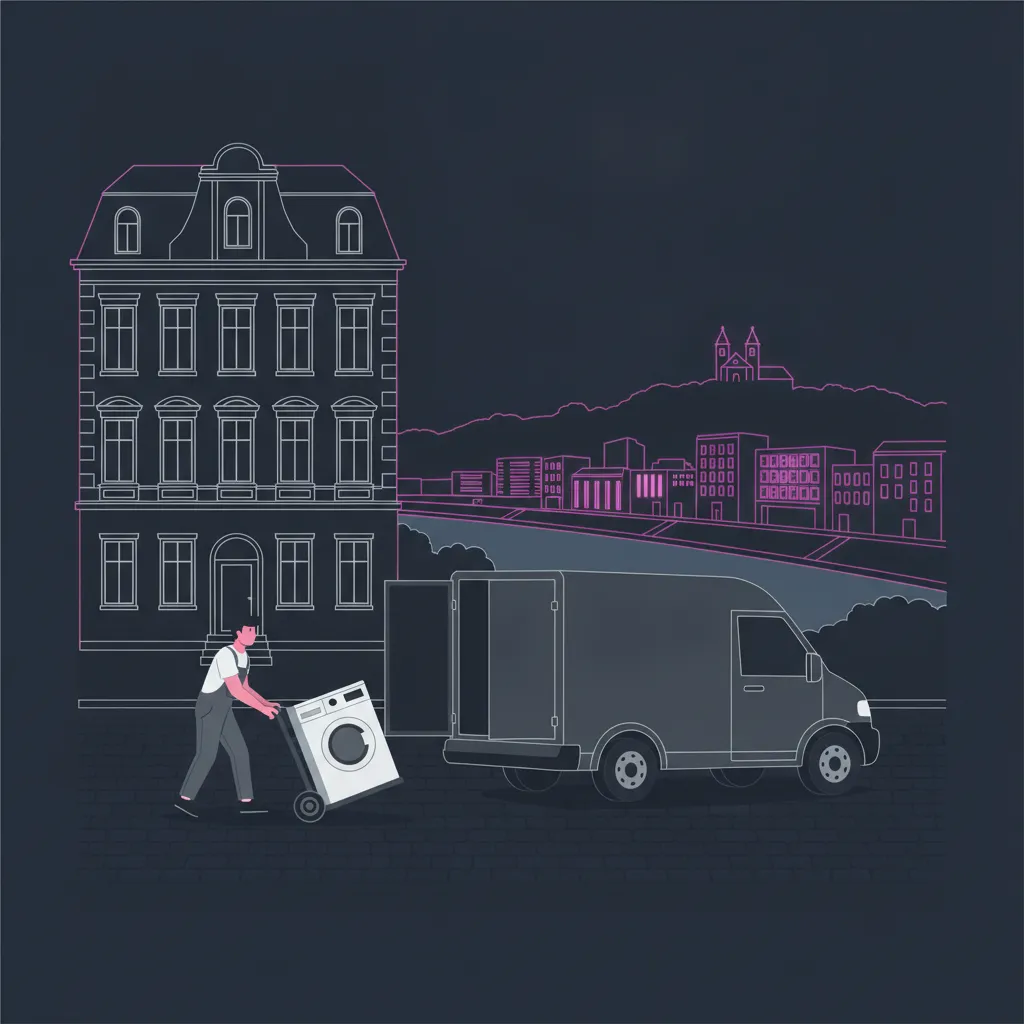 Flat-Design-Illustration: ein Träger rollt eine Waschmaschine auf der Sackkarre zu einem geschlossenen Kastenwagen vor einem Linzer Gründerzeithaus, im Hintergrund die Donau mit moderner Uferfassade und der Pöstlingberg - Kleintransport in Linz