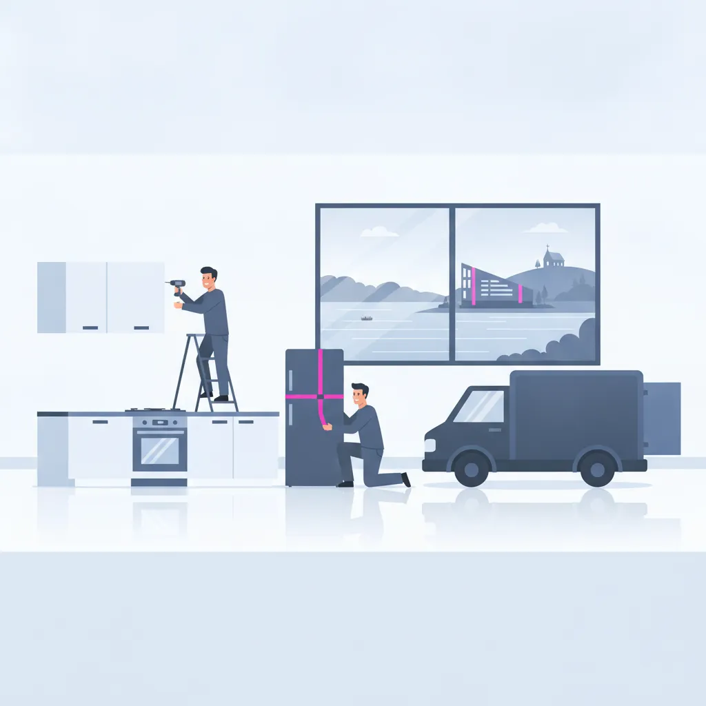 Flat-Design-Illustration: in einer hellen Linzer Altbauwohnung nehmen zwei Monteure eine Einbauküche auseinander, daneben warten ein Hängeschrank und ein Kühlgerät, an der Straße ein geschlossener Kastenwagen ohne Emblem; das Fenster gibt den Blick frei auf die Donau mit modernen Uferbauten und den Pöstlingberg - Küchenumzug in Linz