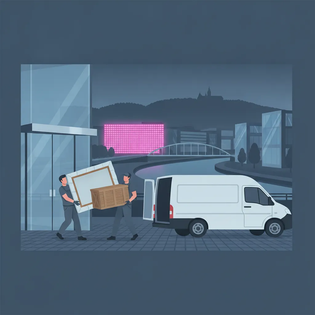 Flat-Design-Illustration: zwei Spezialträger tragen ein sorgfältig verpacktes gerahmtes Gemälde und eine gepolsterte Skulptur aus einer Linzer Galerie zu einem geschlossenen Kastenwagen, im Hintergrund die Donau, die leuchtende Ars-Electronica-Fassade und die Pöstlingberg-Silhouette - Kunsttransport in Linz