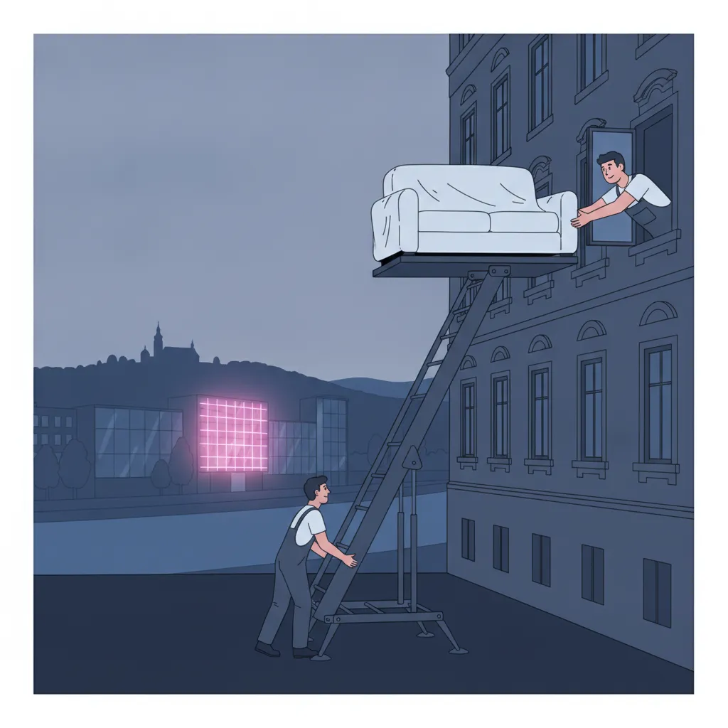 Flat-Design-Illustration: an einem Linzer Gründerzeit-Altbau steht außen ein Möbellift, dessen Plattform ein Sofa zu einem geöffneten Fenster im dritten Stock hinauffährt, wo ein Helfer es entgegennimmt; hinter der Szene die Donau mit modernen Uferbauten und die Silhouette des Pöstlingbergs - Möbellift in Linz