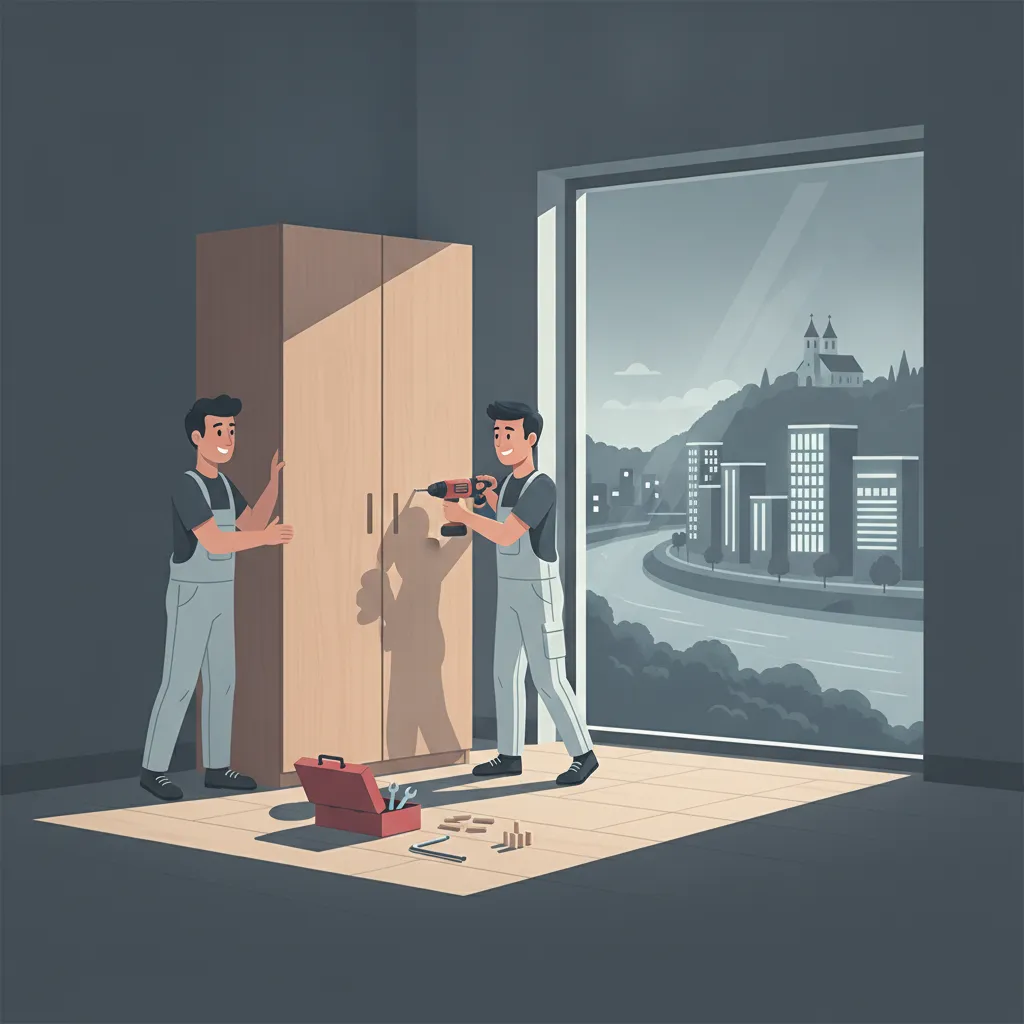 Flat-Design-Illustration: In einer hellen Linzer Altbauwohnung setzen zwei Monteure mit Akkuschrauber und Werkzeug gemeinsam einen großen Kleiderschrank zusammen. Durch das Fenster erkennt man die Donau mit moderner Uferfassade und den Pöstlingberg - Möbelmontage in Linz