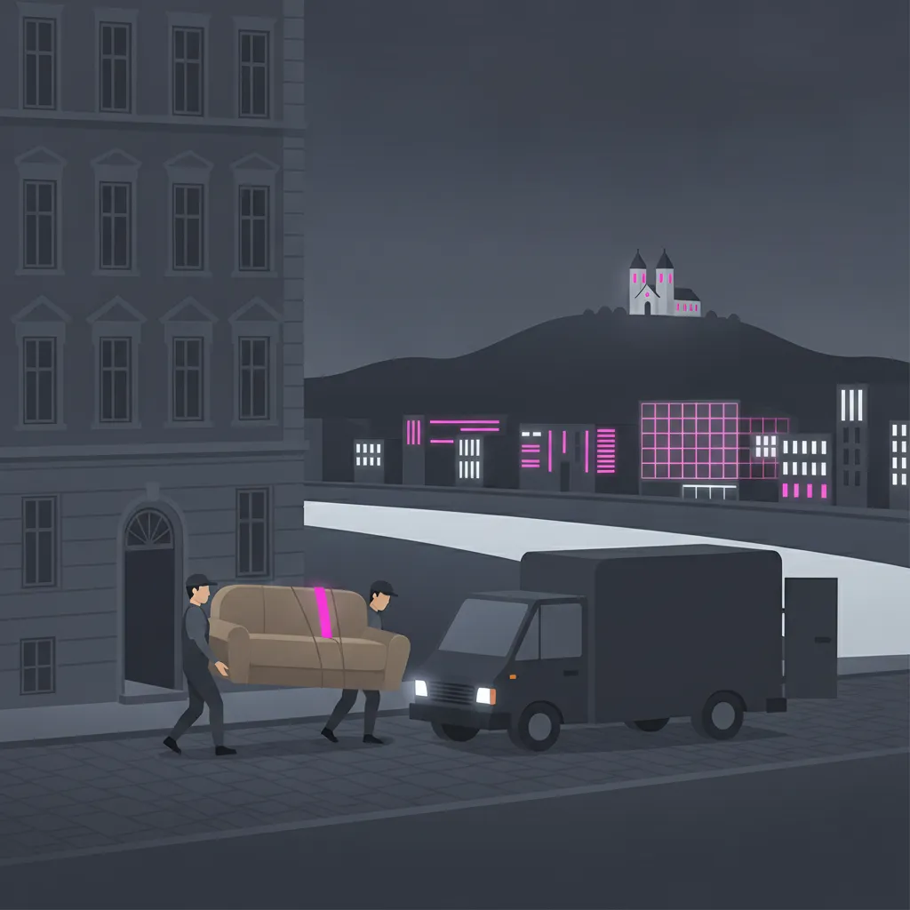 Flat-Design-Illustration: zwei Träger bringen ein Sofa aus einem Linzer Gründerzeithaus zu einem geschlossenen Kastenwagen, im Hintergrund die Donau mit moderner Uferfassade und der Pöstlingberg - Möbeltaxi in Linz