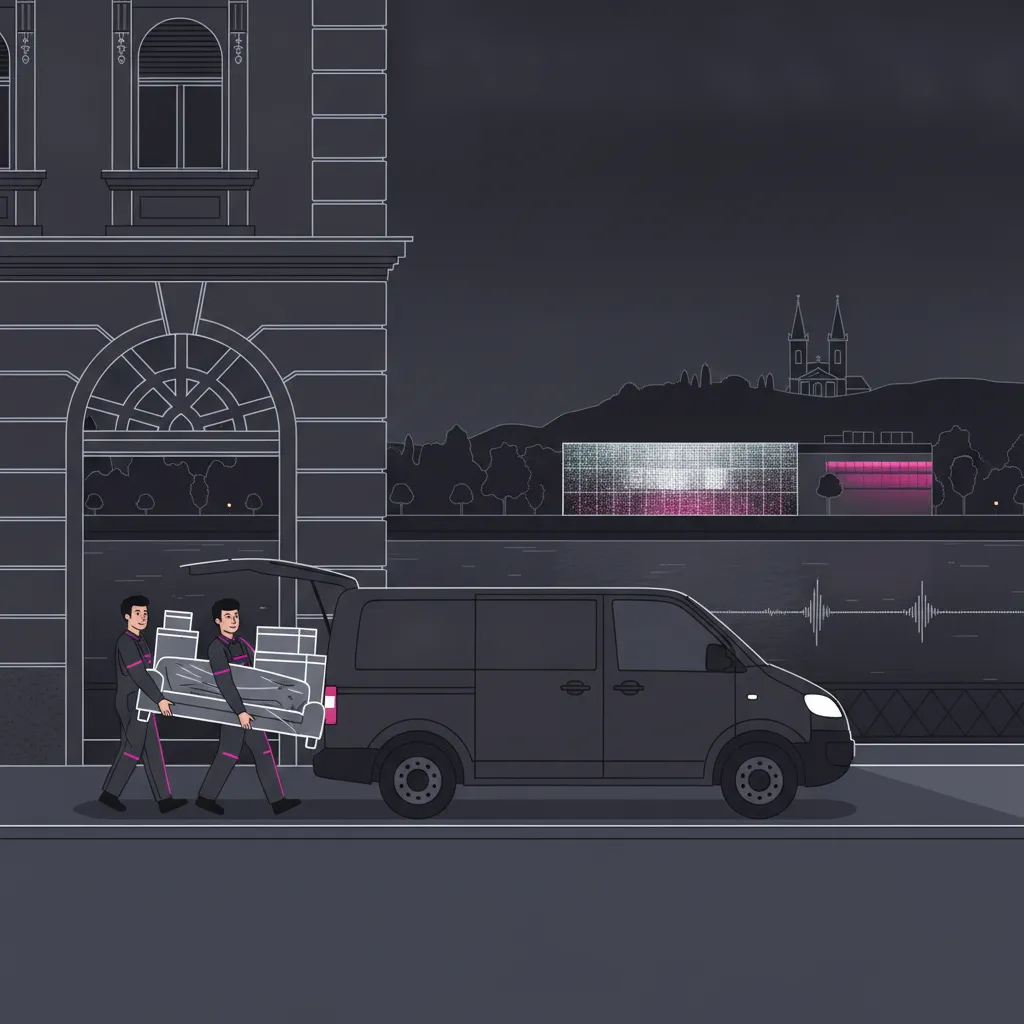 Flat-Design-Illustration: Möbelpacker tragen Sofa und gestapelte Kartons aus einem Linzer Gründerzeithaus zu einem hinten geöffneten Kastenwagen am Straßenrand; dahinter schwingt die Donau mit gläsernen Uferbauten vorbei, darüber der bewaldete Pöstlingberg mit seiner Zwillingsturm-Kirche - Privatumzug in Linz