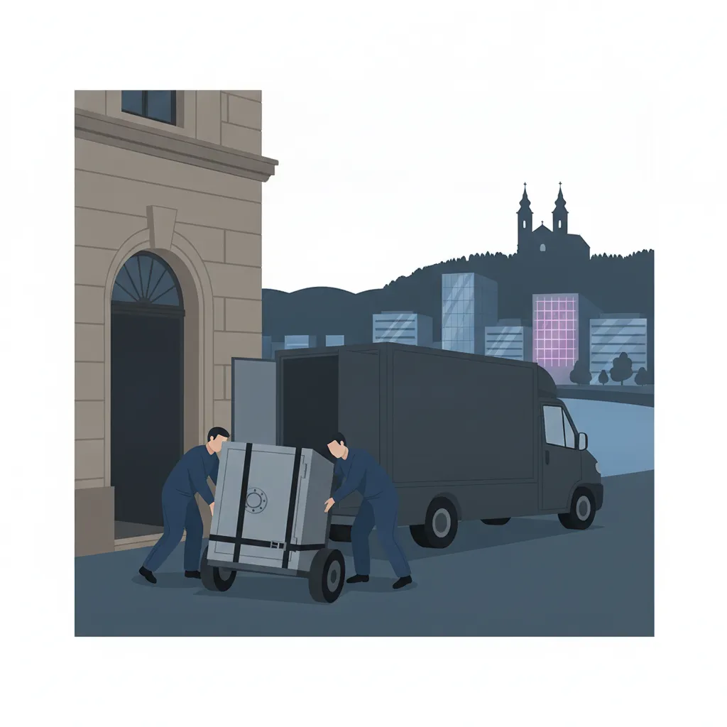 Flat-Design-Illustration: zwei Fachträger bugsieren mit Gurten und Schwerlastroller einen wuchtigen Safe aus einem Linzer Gründerzeitbau in einen fensterlosen Kastenwagen ohne Markenzeichen; dahinter windet sich die Donau vorbei an modernen Uferbauten, am Horizont die bewaldete Pöstlingberg-Kuppe - Tresortransport in Linz