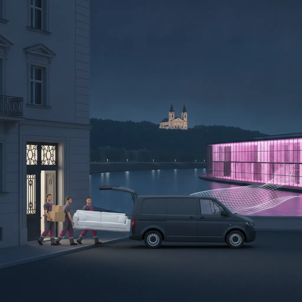 Flat-Design-Illustration im Media-Art-Nachtlook: drei Möbelpacker verladen ein eingewickeltes Sofa und gestapelte Kartons aus einem Linzer Gründerzeithaus in einen geschlossenen Kastenwagen; dahinter zieht sich die Donau mit modernen Glas-Uferbauten und der bewaldete Pöstlingberg mit Wallfahrtskirche - Übersiedlung in Linz