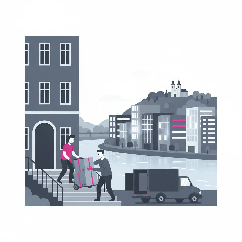 Flat-Design-Illustration: zwei Umzugshelfer tragen gemeinsam gestapelte Umzugskartons aus einem Linzer Gründerzeithaus, im Hintergrund die Donau mit moderner Uferfassade und der Pöstlingberg - Umzugshelfer in Linz
