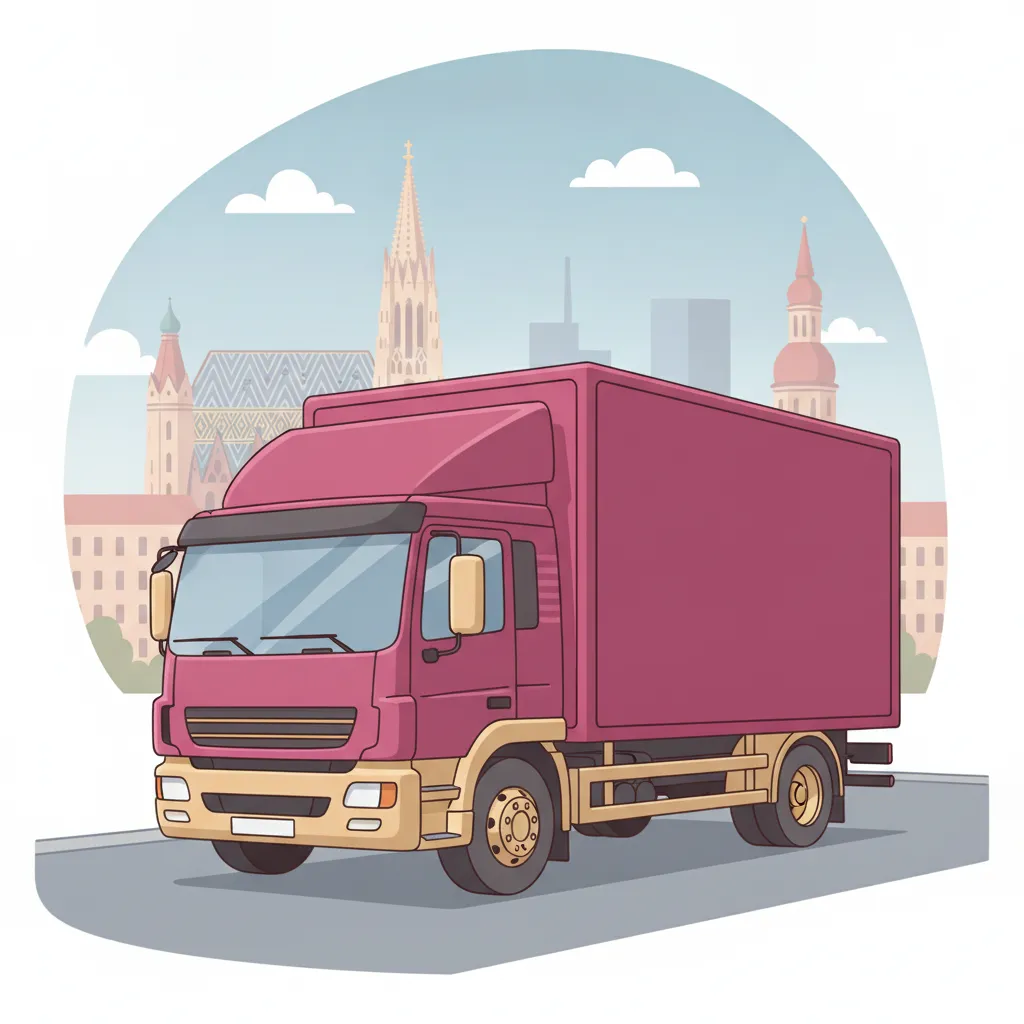 Comic-Illustration: geschlossener Umzugstransporter erreicht Wien – Umzug von Linz nach Wien